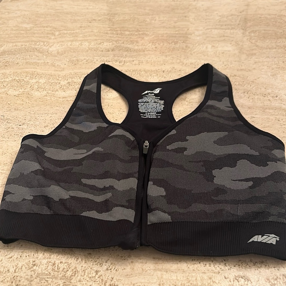 Avia Womens Sz XL Front Zip Sports Bra Racer Back Gray Camo Camouflage
